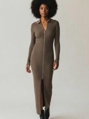 Anthropologie Ribbed Cardigan Dress Brown Shimmer Long Sweater Zip Dress Medium
